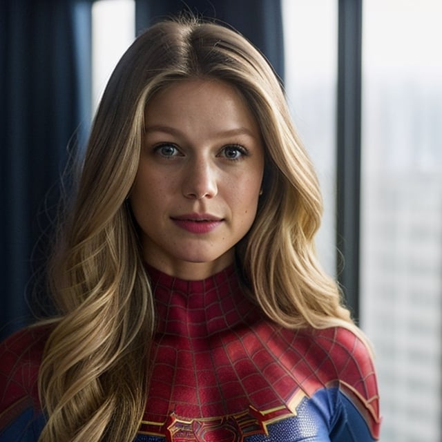 2/3 shot of Melissa Benoist, sks woman, spiderman costume, (looking at the viewer), bright colours, blonde long hair, athletic body, hotel room background, bokeh, soft shadows, (midnight)