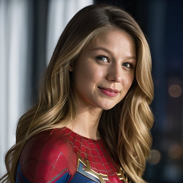 medium shot of Melissa Benoist, sks woman, spiderman costume, (looking at the viewer), bright colours, blonde long hair, athletic body, hotel room background, bokeh, soft shadows, (midnight)