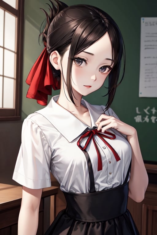 beutiful woman, shinomiya kaguya, folded ponytail, forehead, hair ribbon, brown eyes, (red ribbon), ribbon, short hair, small breast ,black dress, dress, pinafore dress, school uniform, shirt, short sleeves, shuuchiin academy school uniform, white shirt, looking at viewer, best quality, high resolution, unity 8k wallpaper, illustration, beautiful detailed eyes, extremely detailed face, perfect lighting, extremely detailed CG, perfect hands, perfect anatomy,folded ponytail, high_school_girl, mai, 1girl, face 