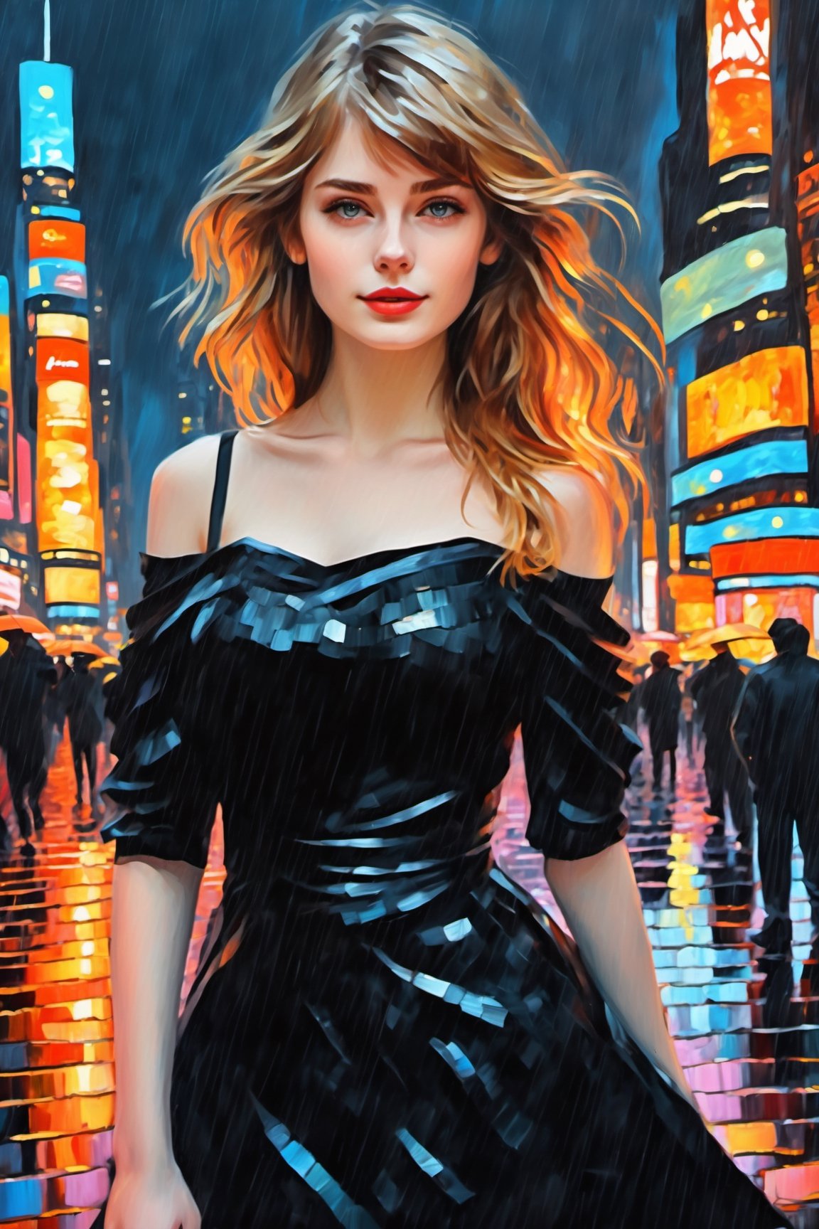 ellafreya wearing a black dress in anime Times Square on a rainy night, oil painting, in the style of Claude Monet, cleveage, Impressionism, thick brush strokes, vivid colors, breathtaking, masterpiece, trending on ArtStation, looking into the camera