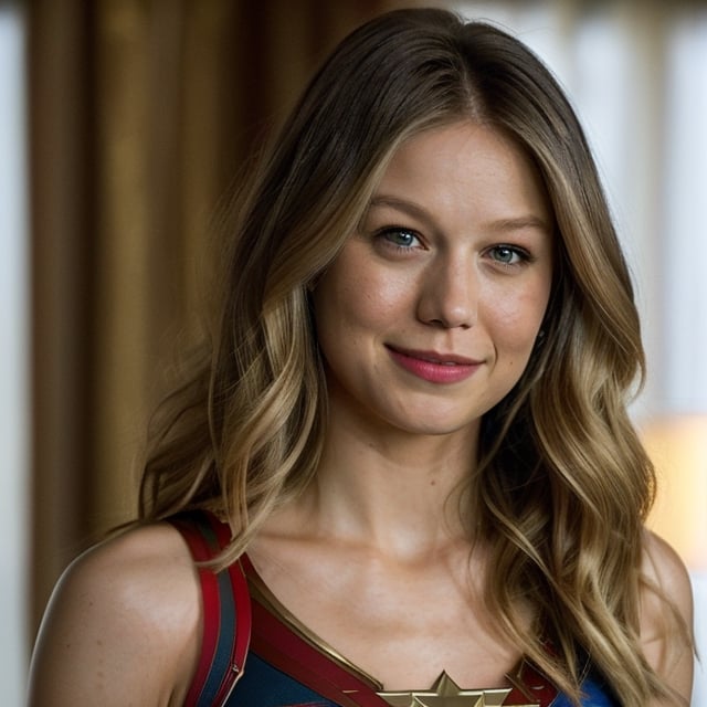 medium shot of Melissa Benoist, sks woman, captain marvel, (looking at the viewer), bright colours, blonde long hair, athletic body, hotel room background, bokeh, soft shadows, (golden hour), sleeveless