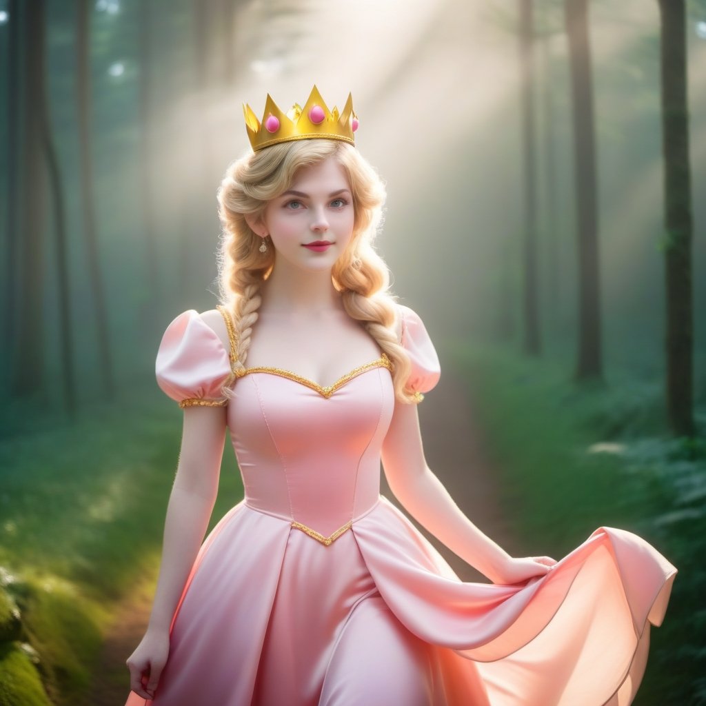 best quality, masterpiece, upper body, sun light, (medium shot), realístic,
(adult:1.6) Princess peach dress, crown, (smirk:0.4), braided golden hair, floating light particles, centered, surrounding by fog, in the dark forest,ellafreya,