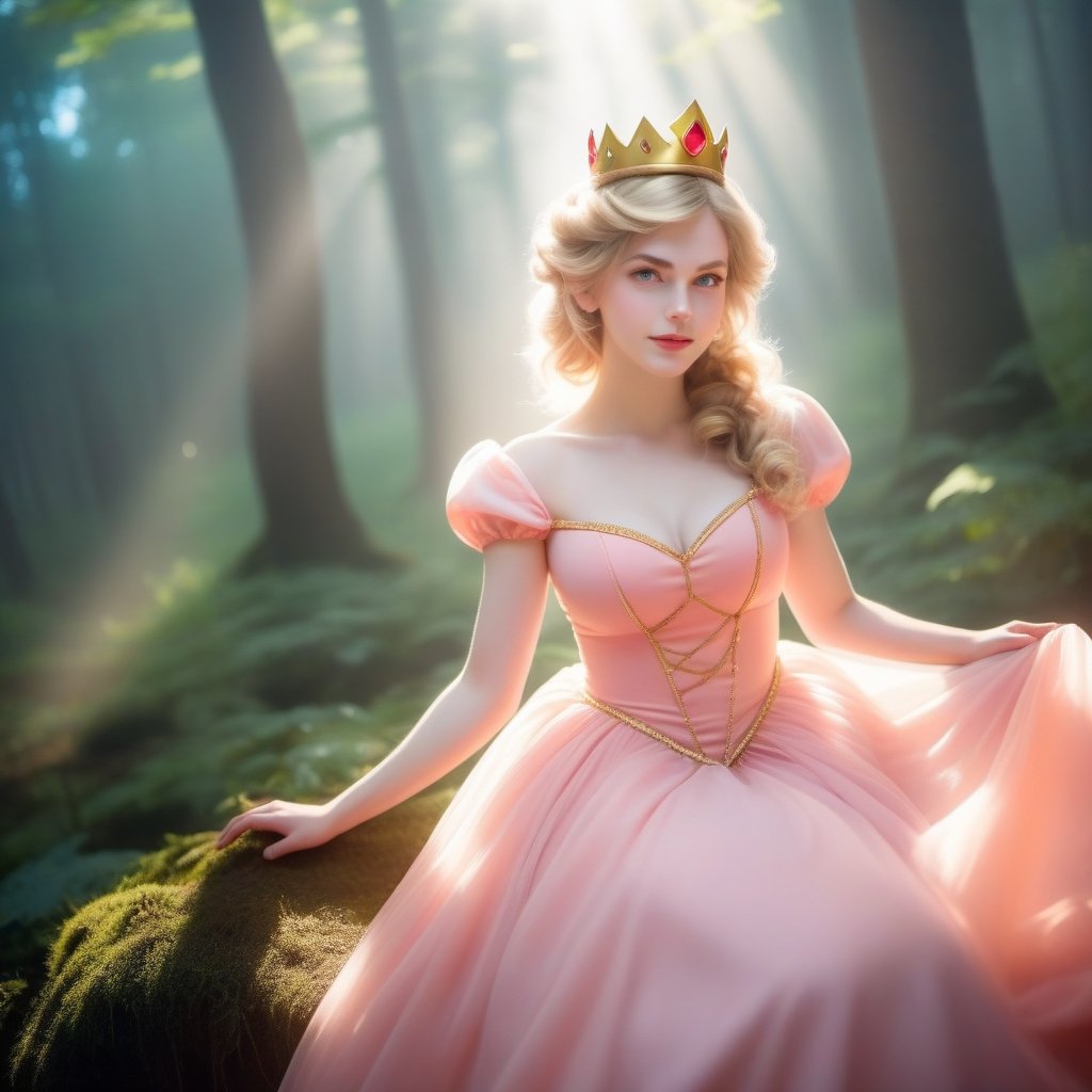 best quality, masterpiece, upper body, sun light, médium shot, realístic,
(adult:1.6) Princess peach dress, crown, (smirk:0.4), braided golden hair, floating light particles, centered, surrounding by fog, in the dark forest,ellafreya,