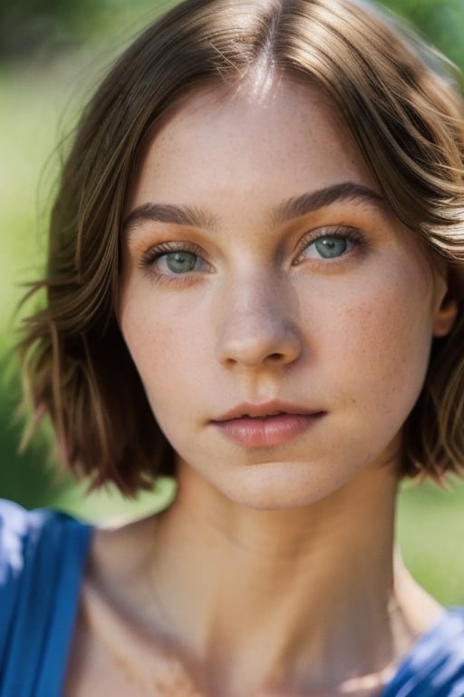 (((a full body shot photo of ememyers))), brown short hair, highlight hair, blue dress, cleveage,  looking at the camera, dslr, ultra quality, sharp focus, tack sharp, dof, film grain, 8K UHD, highly detailed glossy eyes, high detailed skin, skin pores