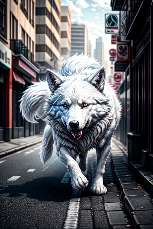 a white wolf running the streets, looking into the camera, masterpiece, high quality, high definition, 8K, super detailed