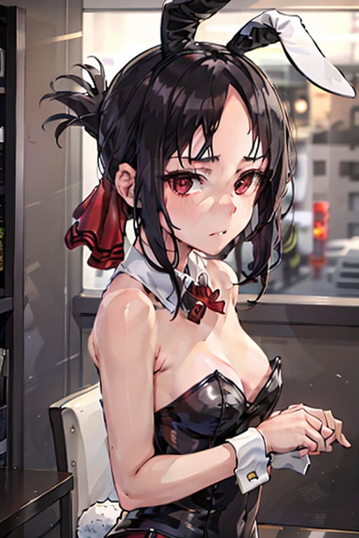 (playboy bunny:1.2), shinomiya_kaguya, red_ribbon, black_hair, folded_ponytail, hair_ribbon, deep red eyess, bangs, black_dress, eyebrows_visible_through_hair, sidelocks, bare forehead, expressionless, sitting, caustics, upper body