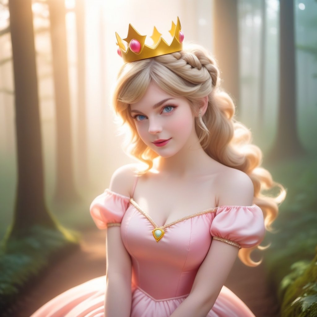 best quality, masterpiece, upper body, sun light, (bust shot), realístic, highly detailed face and eyes, 
(adult:1.6) Princess peach dress, crown, (smirk:0.4), braided golden hair, floating light particles, centered, surrounding by fog, in the dark forest,ellafreya,