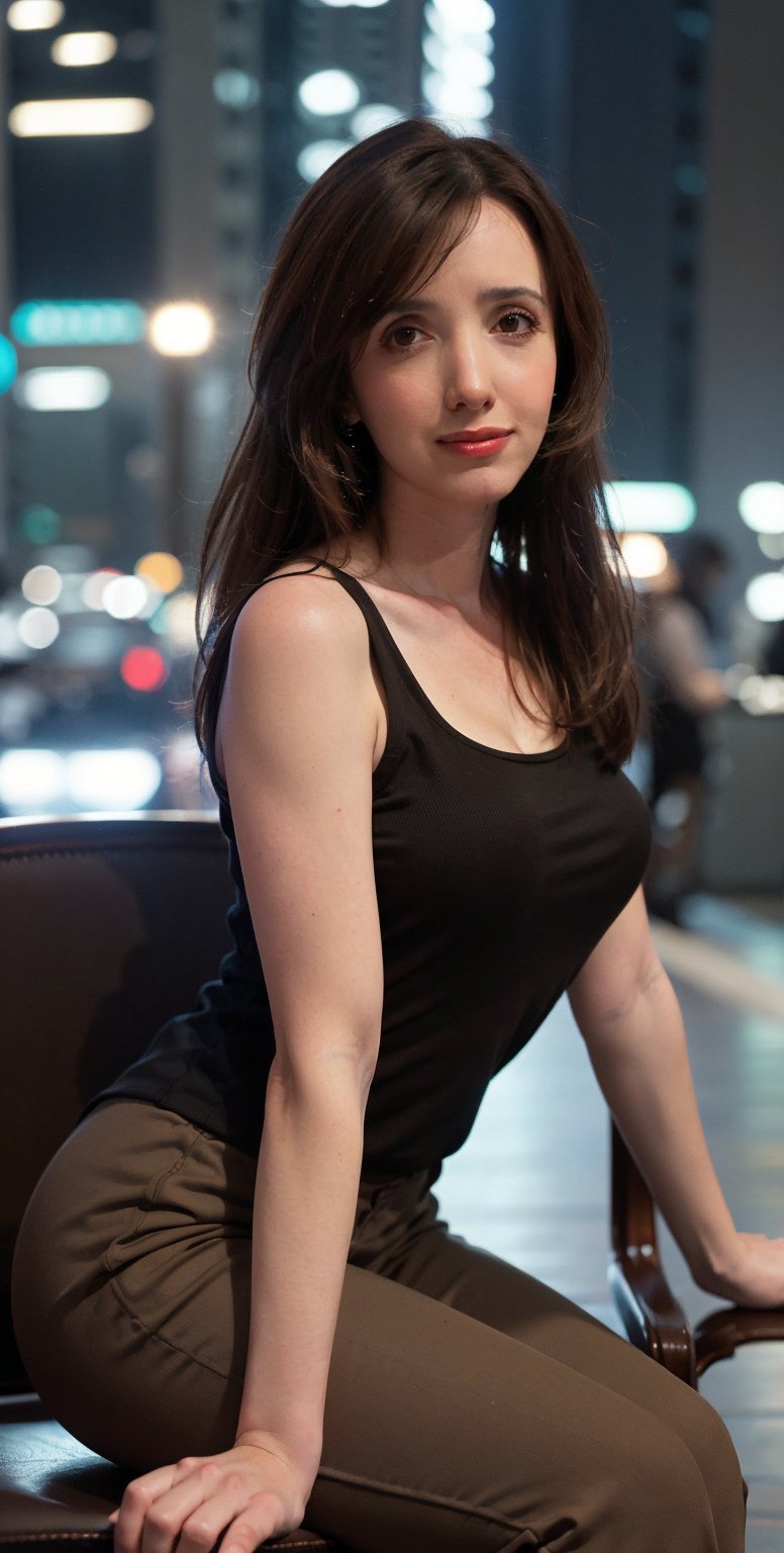 (Best quality, 8k, 32k, Masterpiece, Photorealistic, high contrast, UHD:1.2), lifelike rendering, 
Photo of ((Victoria Villarruel)), majestically on a city bench in serene twilight, dark brown hair flowing like a river of night amidst neon-illuminated hues. Soft professional lighting highlights double eyelids, sparkling eyes with intricate pupils, and charming smile curving full lips showcasing exquisite features. 
Long loose pants accentuate curves and calves posed elegantly in feet, against the urban backdrop of towering skyscrapers and bustling streets.