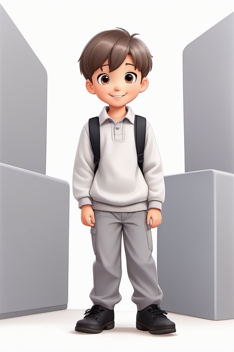 children with gray uniform, PinchingPOV, white background, latin kid, pov, boy  six year old, school uniform, ((gray dress Trousers)), ((black shoes)), (white shirt), ((gray pullover)), (gray sweater), brown hair, back to school, latin kid, white background, whole body