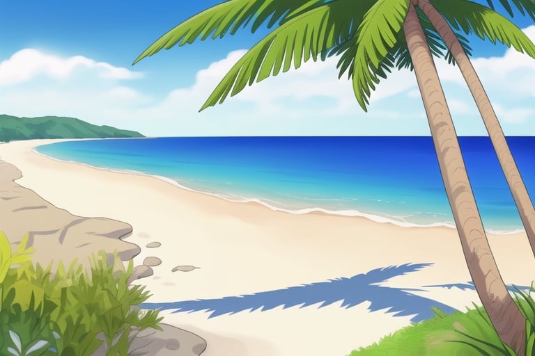 (((small island in the mifdle of the ocean 2d for kids))), landscape view with blue sky, green grass, bright colors,  small flowers, beach, ((palms)), ((ready to print)), clouds, vibrant colors, 