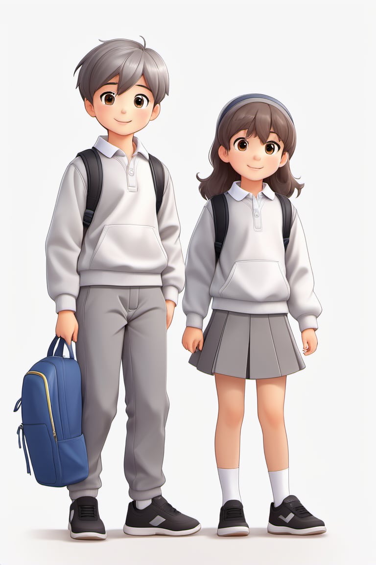 children with gray uniform,PinchingPOV, white background, latin kid,pov, boy  six year old, school_uniform, ((gray dress Trousers)), ((black shoes)), (white shirt), ((gray pullover)), (gray sweater), (Crew-Neck Sweatshirt), brown hair, back to school, latin kid, white background, whole body