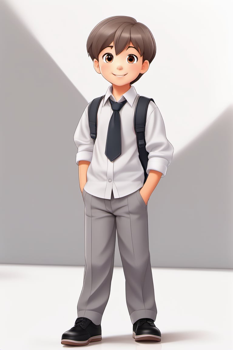 children with gray uniform,PinchingPOV, white background, latin kid,pov, boy  six year old, school_uniform, ((gray dress Trousers)), (black shoes), (white shirt), (gray pullover), brown hair, back to school, latin kid, white background,