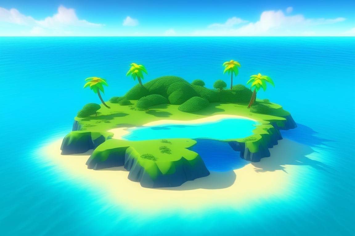 (((small island in the mifdle of the ocean 2d for kids))), landscape view with blue sky, green grass, bright colors,  small flowers, beach, ((palms)), ((ready to print)), clouds, vibrant colors, herbage,reinopool,Yae Miku