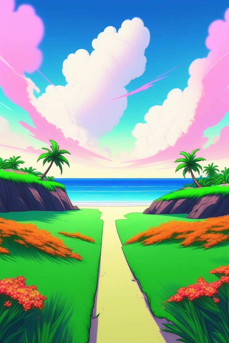 (((small island 2d for kids))),  landscape view with blue sky,  green grass,  bright colors,  small flowers,  beach,  (((palms))),  ((ready to print)),  ((two point perspective)),  (vanishing point),  ((linear perspective)),  ((lower horizon line)),  clouds,  vibrant colors,  herbage,  background, 