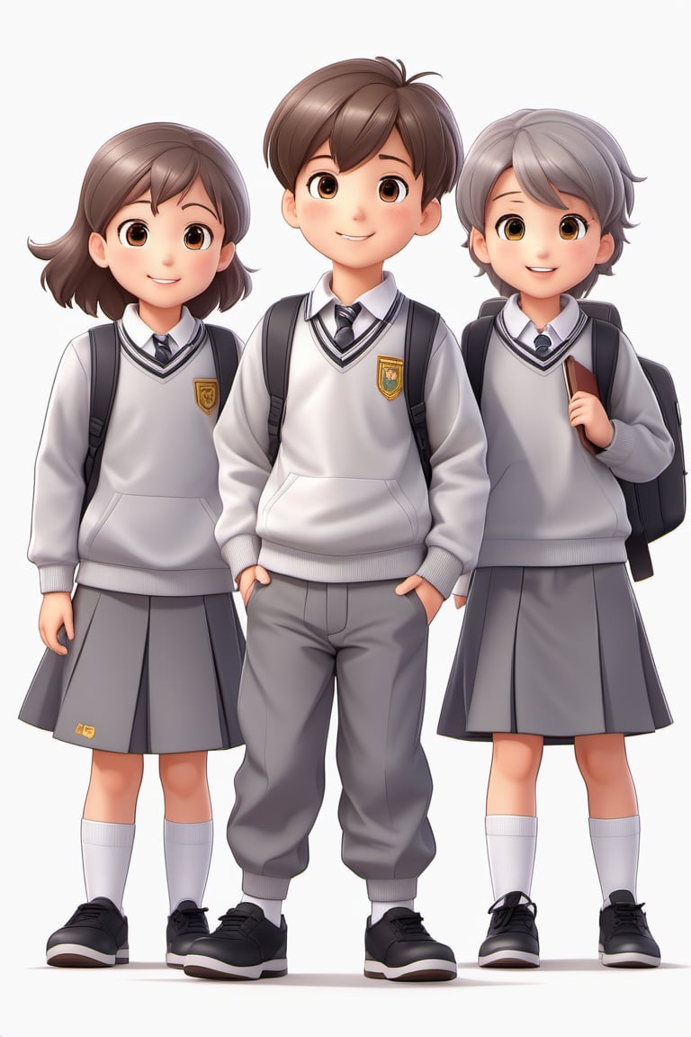 children with gray uniform,PinchingPOV, white background, latin kid,pov, boy  six year old, school_uniform, ((gray dress Trousers)), (black shoes), (white shirt), ((gray pullover)), (gray sweater), (Crew-Neck Sweatshirt), brown hair, back to school, latin kid, white background, whole body