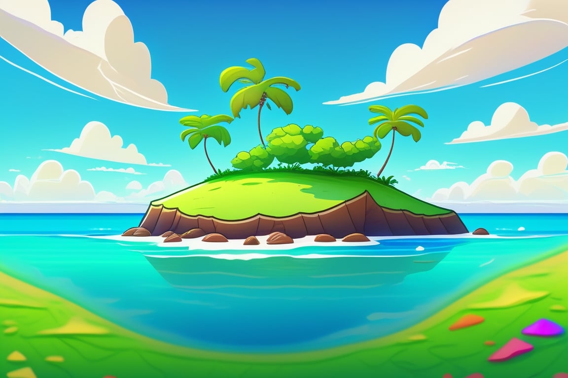 (((small island 2d for kids))),  landscape view with blue sky,  green grass,  bright colors,  small flowers,  beach,  (((palms))),  ((ready to print)),  ((two point perspective)),  (vanishing point),  ((linear perspective)),  ((lower horizon line)),  clouds,  vibrant colors,  herbage,  background, 