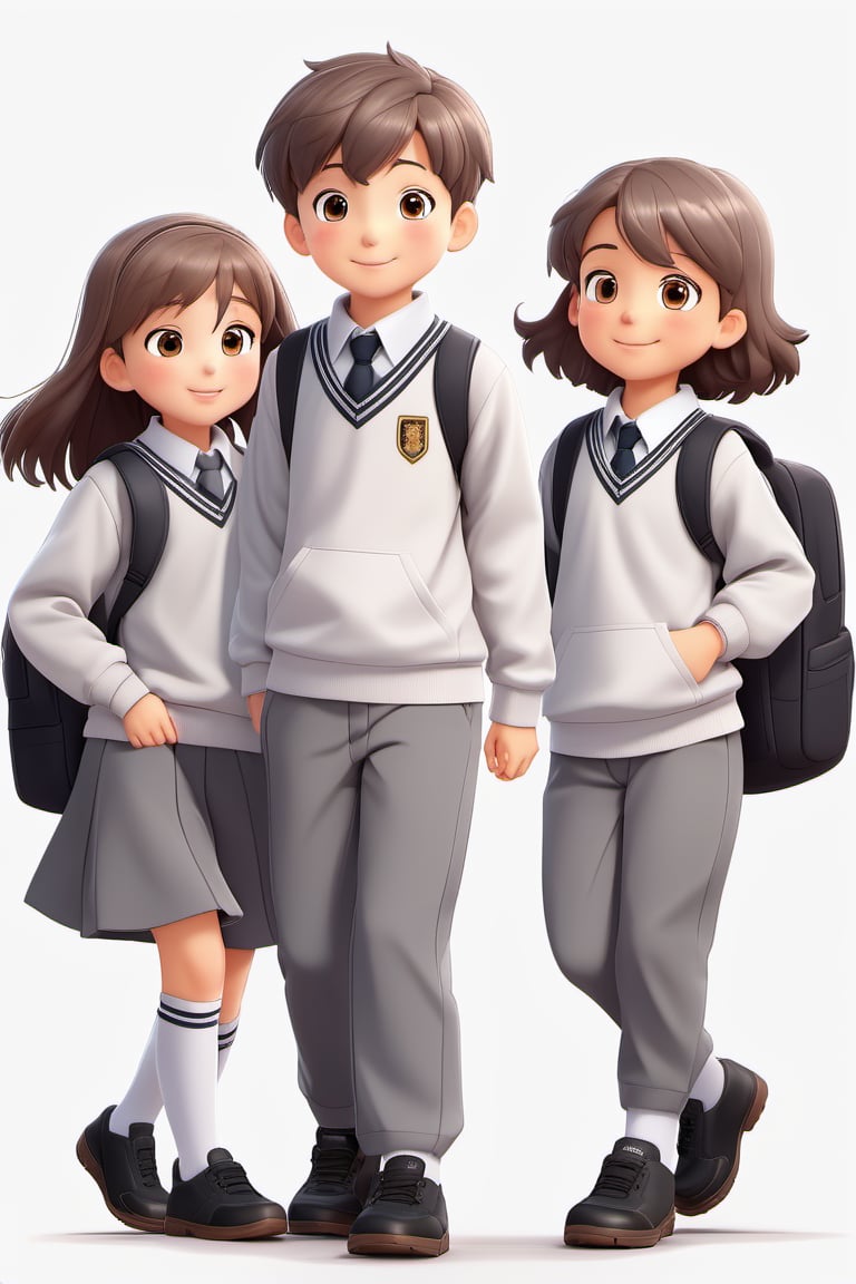 children with gray uniform,PinchingPOV, white background, latin kid,pov, boy  six year old, school_uniform, ((gray dress Trousers)), (black shoes), (white shirt), ((gray pullover)), (gray sweater), (Crew-Neck Sweatshirt), brown hair, back to school, latin kid, white background, whole body