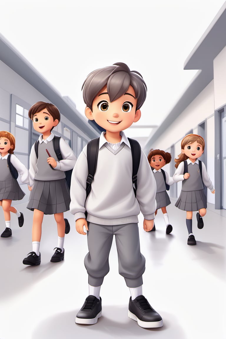 children with gray uniform, PinchingPOV, white background, latin kid, pov, boy  six year old, school uniform, ((gray dress Trousers)), ((black shoes)), (white shirt), ((gray pullover)), (gray sweater), brown hair, back to school, latin kid, white background, whole body