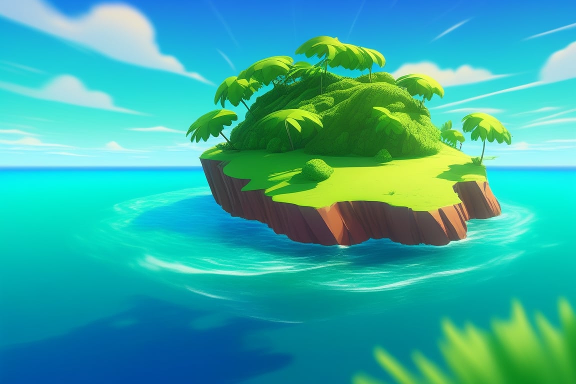 (((small island in the mifdle of the ocean 2d for kids))), landscape view with blue sky, green grass, bright colors,  small flowers, beach, (((palms))), ((ready to print)), ((two point perspective)), (vanishing point), ((linear perspective)), clouds, vibrant colors, herbage,