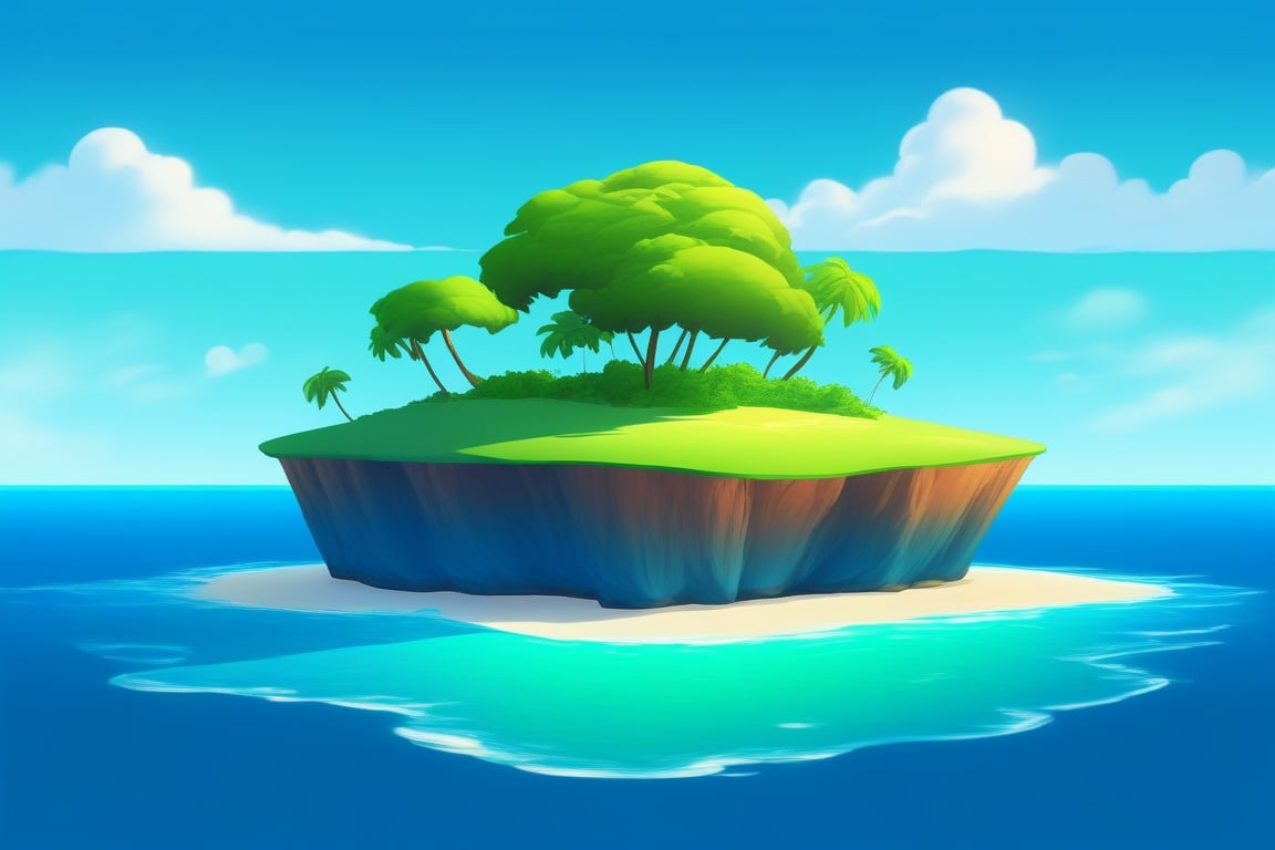 (((small island in the mifdle of the ocean 2d for kids))), landscape view with blue sky, green grass, bright colors,  small flowers, beach, (((palms))), ((ready to print)), ((one point perspective)), (vanishing point), clouds, vibrant colors, herbage,