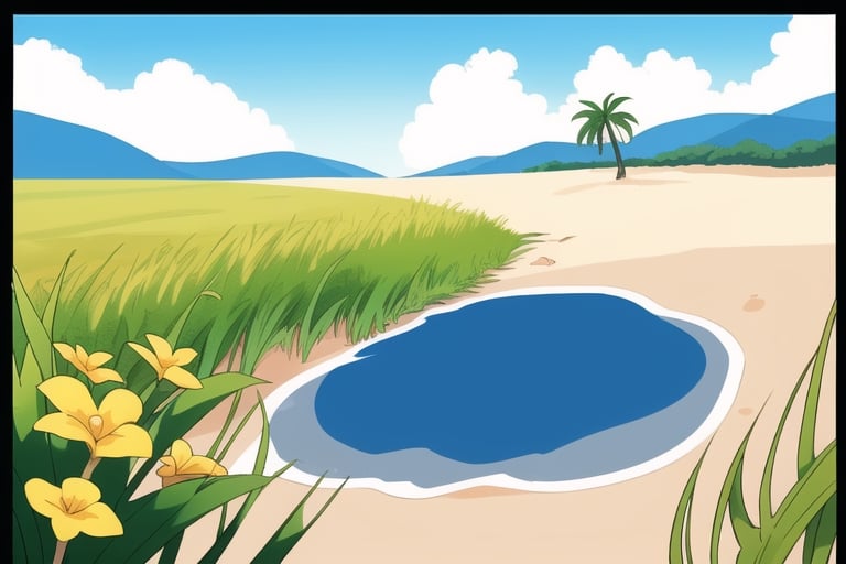 (((small island 2d for kids))), landscape view with blue sky, green grass, bright colors,  small flowers, beach, ((palm)), ((ready to print)), clouds, vibrant colors,takane shijou