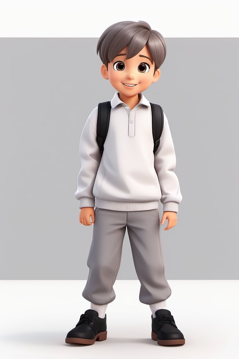 children with gray uniform, PinchingPOV, white background, latin kid, pov, boy  six year old, school uniform, ((gray dress Trousers)), ((black shoes)), (white shirt), ((gray pullover)), (gray sweater), brown hair, back to school, latin kid, white background, full body