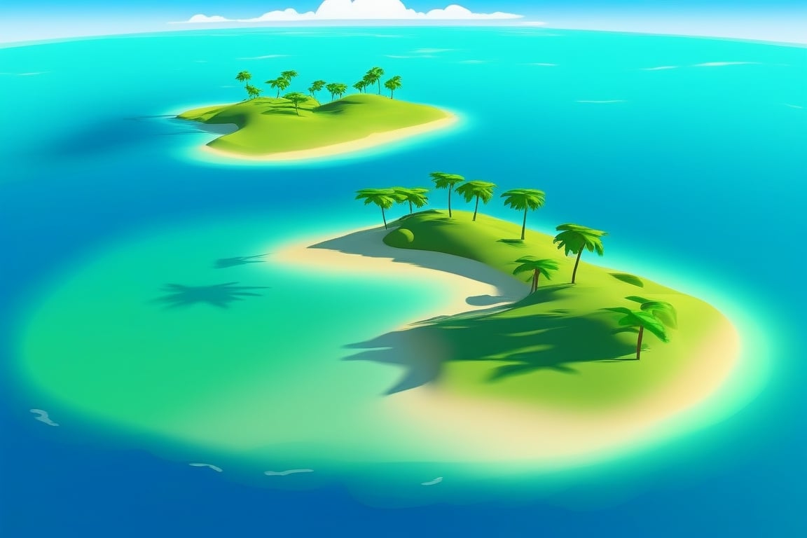 (((small island in the mifdle of the ocean 2d for kids))), landscape view with blue sky, green grass, bright colors,  small flowers, beach, (((palms))), ((ready to print)), ((two point perspective)), (vanishing point), ((linear perspective)), clouds, vibrant colors, herbage,