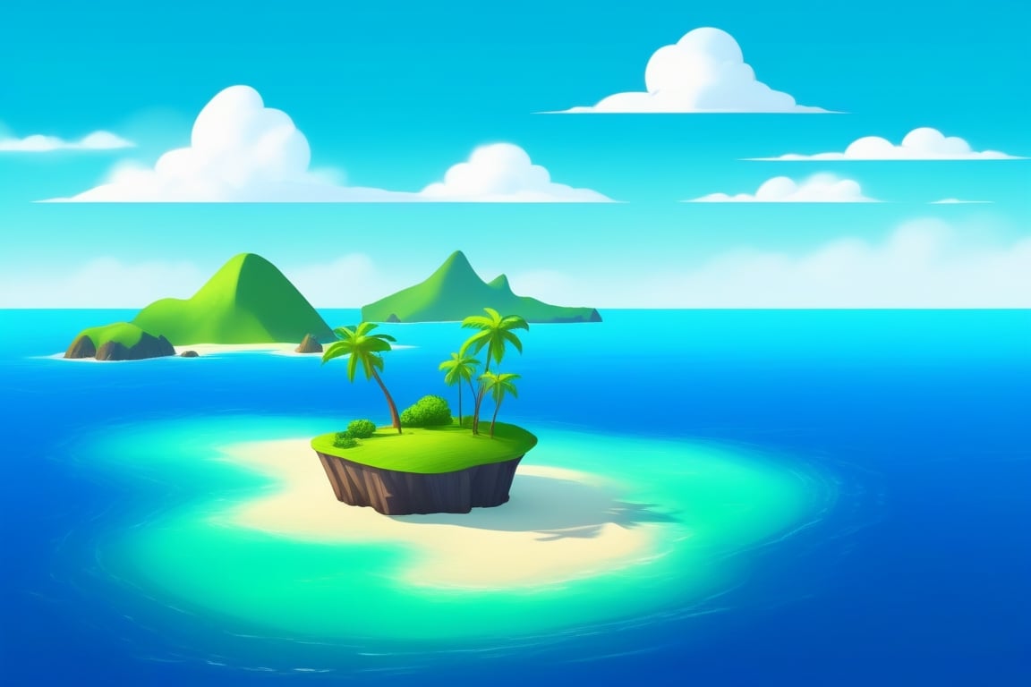 (((small island in the mifdle of the ocean 2d for kids))), landscape view with blue sky, green grass, bright colors,  small flowers, beach, (((palms))), ((ready to print)), ((one point perspective)), (vanishing point), clouds, vibrant colors, herbage,