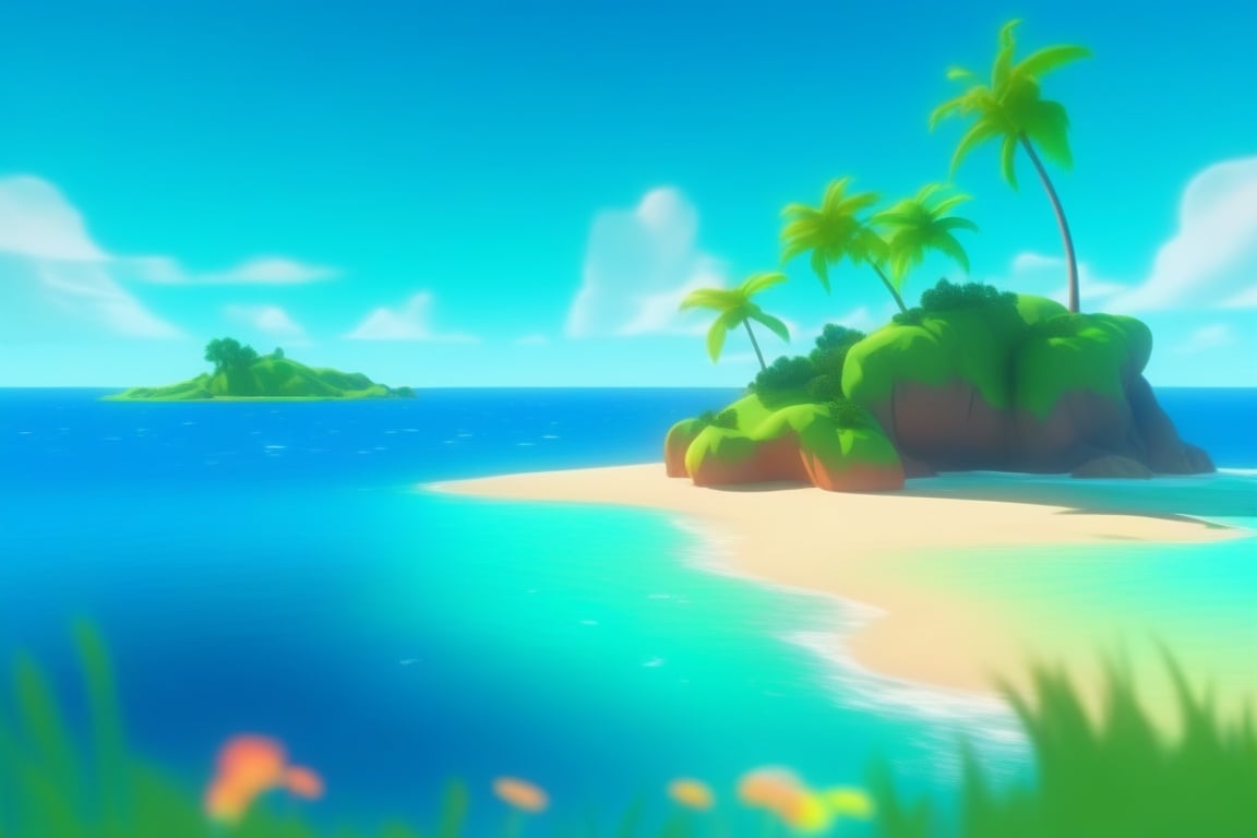 (((small island in the mifdle of the ocean 2d for kids))), landscape view with blue sky, green grass, bright colors,  small flowers, beach, ((palms)), ((ready to print)), clouds, vibrant colors, herbage,reinopool