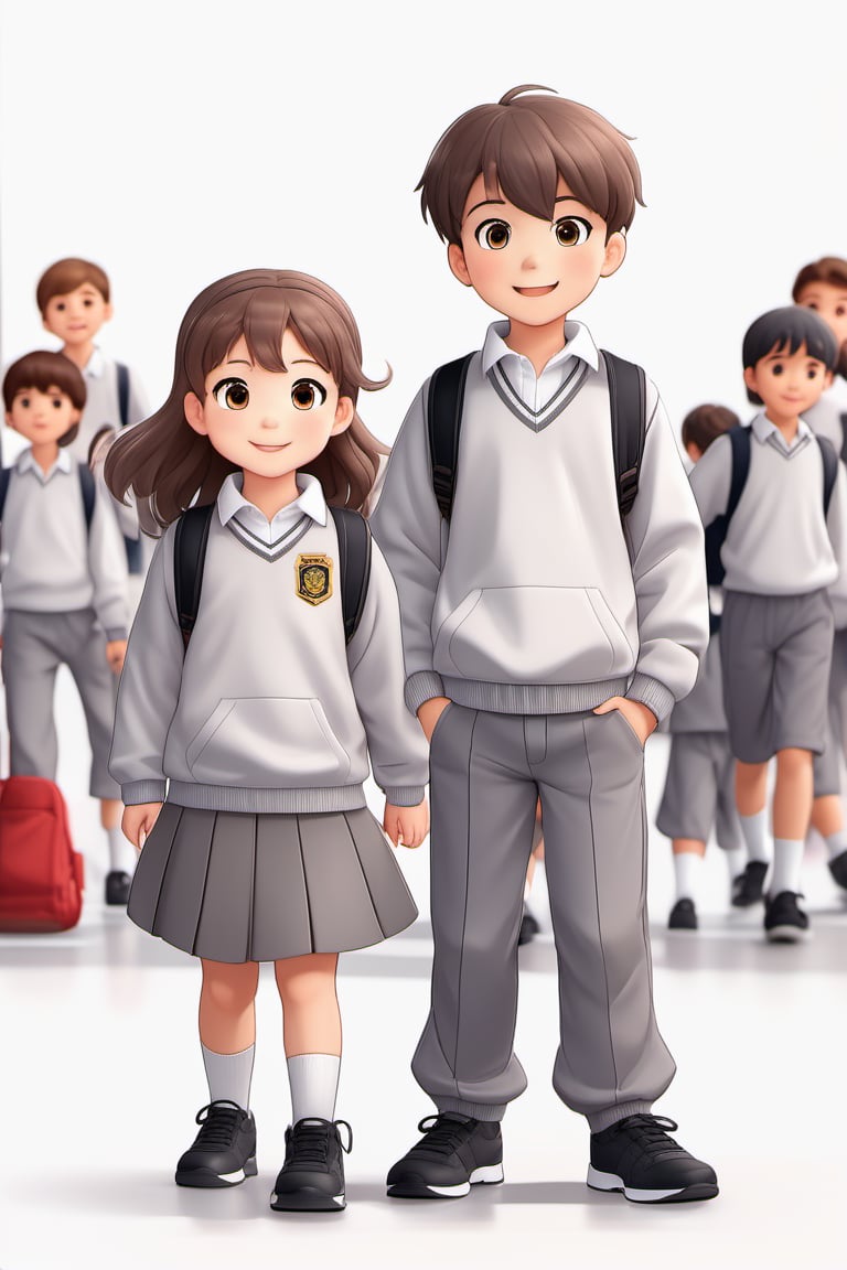 children with gray uniform,PinchingPOV, white background, latin kid,pov, boy  six year old, school_uniform, ((gray dress Trousers)), ((black shoes)), (white shirt), ((gray pullover)), (gray sweater), (Crew-Neck Sweatshirt), brown hair, back to school, latin kid, white background, whole body