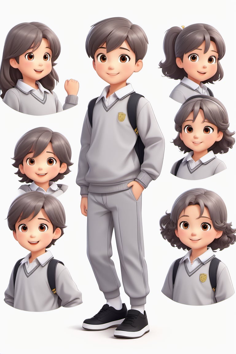 children with gray uniform,PinchingPOV, white background, latin kid,pov, boy  six year old, school_uniform, ((gray dress Trousers)), ((black shoes)), (white shirt), ((gray pullover)), (gray sweater), brown hair, back to school, latin kid, white background, whole body