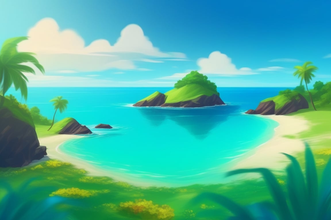 (((small island in the mifdle of the ocean 2d for kids))), landscape view with blue sky, green grass, bright colors,  small flowers, beach, (((palms))), ((ready to print)), ((two point perspective)), (vanishing point), clouds, vibrant colors, herbage,