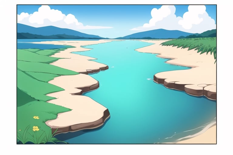 (((small island 2d for kids))), landscape view with blue sky, green grass, bright colors,  small flowers, beach, ((palm)), ((ready to print)), clouds, vibrant colors,takane shijou