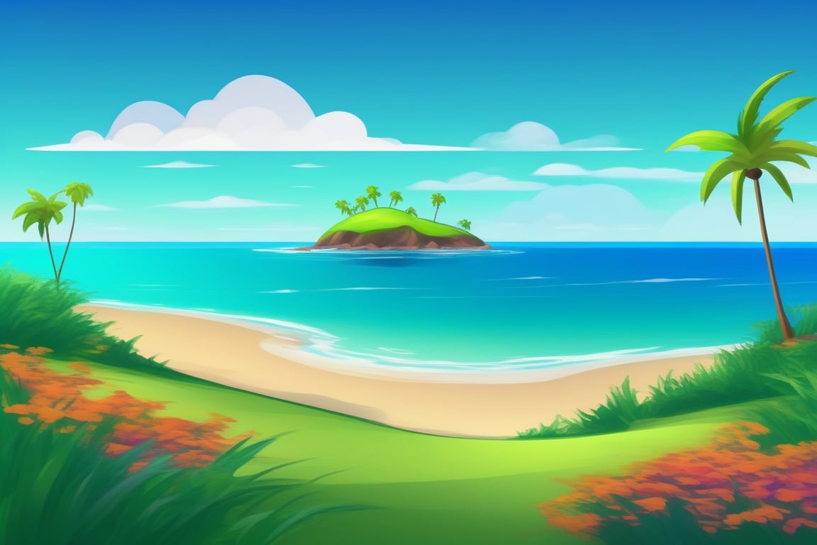 (((small island in the mifdle of the ocean 2d for kids))), landscape view with blue sky, green grass, bright colors,  small flowers, beach, (((palms))), ((ready to print)), ((two point perspective)), (vanishing point), ((linear perspective)), ((lower horin line)), clouds, vibrant colors, herbage, background