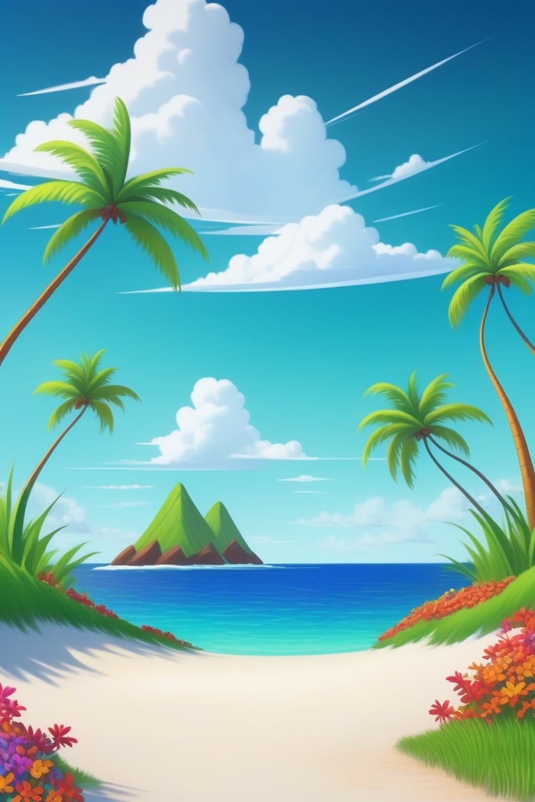 (((small island 2d for kids))),  landscape view with blue sky,  green grass,  bright colors,  small flowers,  beach,  (((palms))),  ((ready to print)),  ((two point perspective)),  (vanishing point),  ((linear perspective)),  ((lower horizon line)),  clouds,  vibrant colors,  herbage,  background, ,Leonardo Style