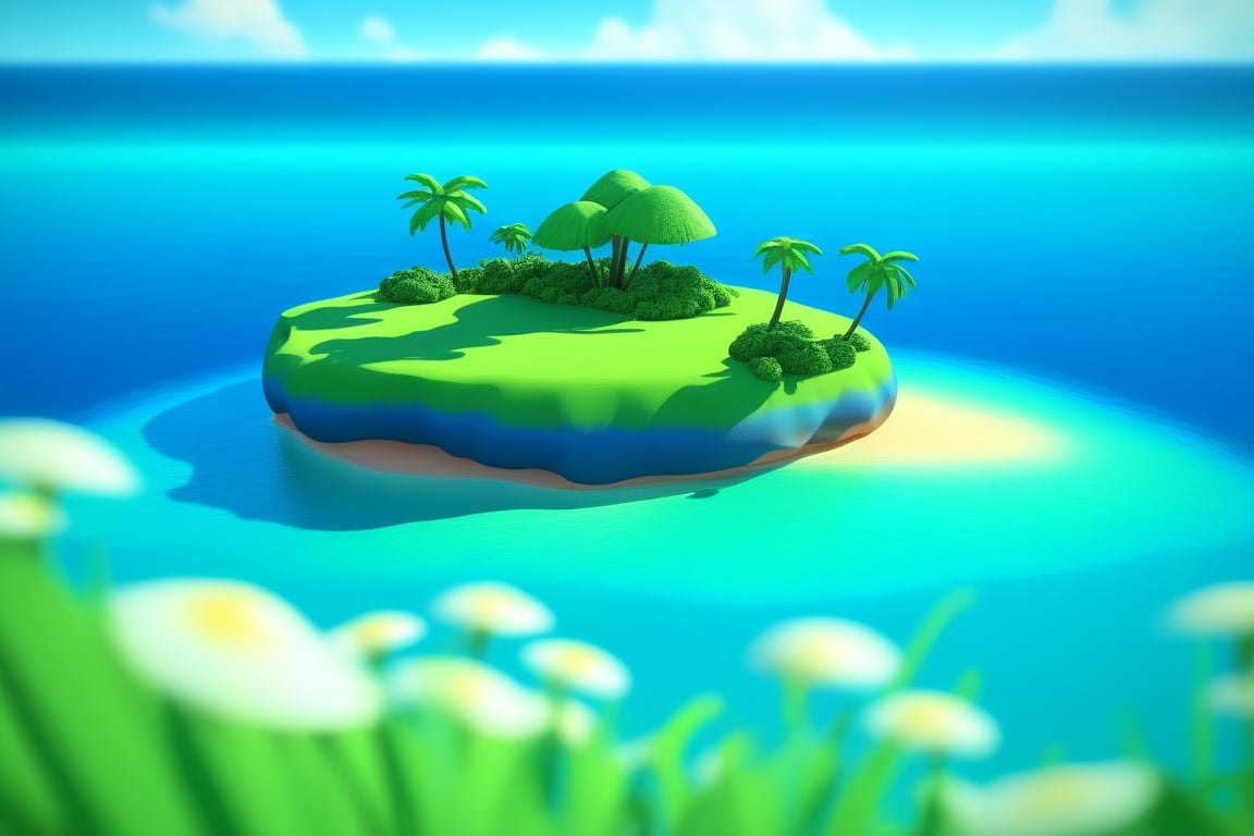 (((small island in the mifdle of the ocean 2d for kids))), landscape view with blue sky, green grass, bright colors,  small flowers, beach, ((palms)), ((ready to print)), clouds, vibrant colors, herbage,reinopool,Yae Miku