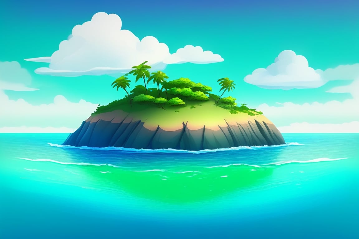 (((small island in the mifdle of the ocean 2d for kids))), landscape view with blue sky, green grass, bright colors,  small flowers, beach, (((palms))), ((ready to print)), ((two point perspective)), (vanishing point), ((linear perspective)), ((lower horizon line)), clouds, vibrant colors, herbage, background