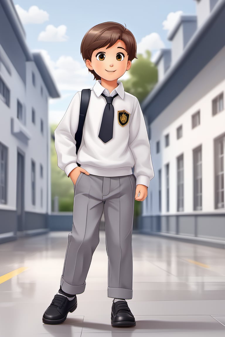 children with gray uniform,PinchingPOV, white background, latin kid,pov, boy  six year old, school_uniform, ((gray dress Trousers)), (black shoes), (white shirt), ((gray pullover)), brown hair, back to school, latin kid, white background,