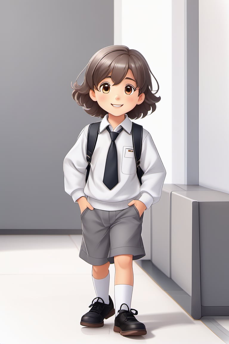 children with gray uniform,PinchingPOV, white background, latin kid,pov, boy  six year old, school_uniform, ((gray dress Trousers)), (black shoes), (white shirt), ((gray pullover)), brown hair, back to school, latin kid, white background,