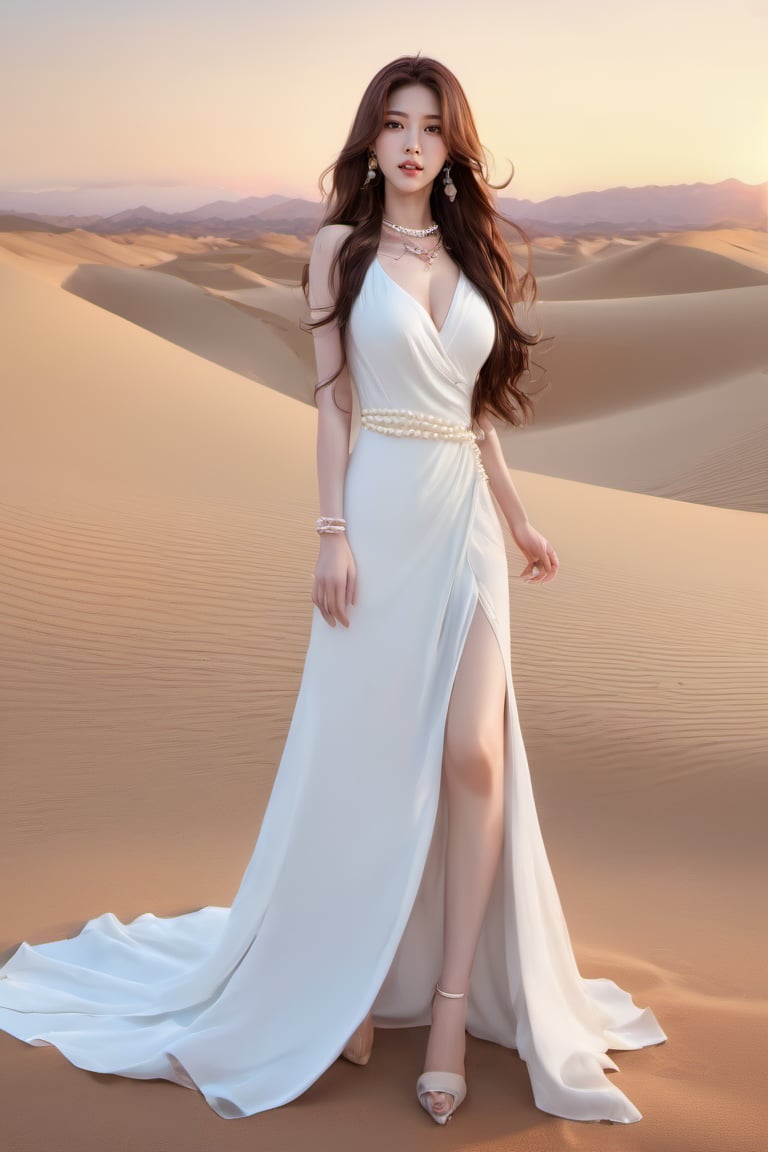 korean girl, 1girl, female_solo, (hair : brown, long wave hair), (eyes : brown), ((realistic)) , (necklace: jewelry, pearl), full Body photo, looking back,(dress: white, with a slit), High heels have red soles, looking at viewer, (background : simple, sunset, desert ) , lips 