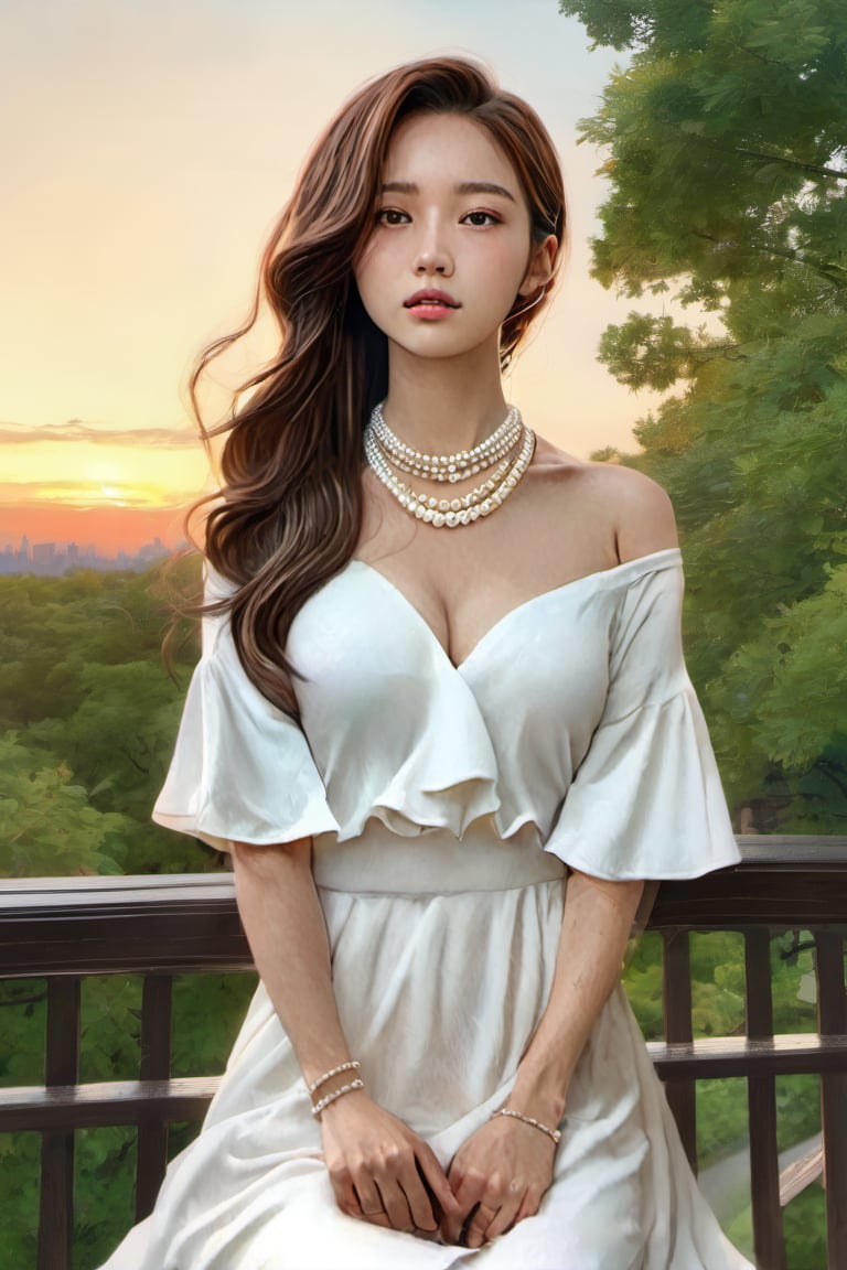 korean girl, 1girl, solo,two hands, brown hair, brown eyes, realistic, necklace, jewelry, long wave hair, looking back, pearl necklace, white dress, looking at viewer, (background : sunset, trees, new york ) , lips 