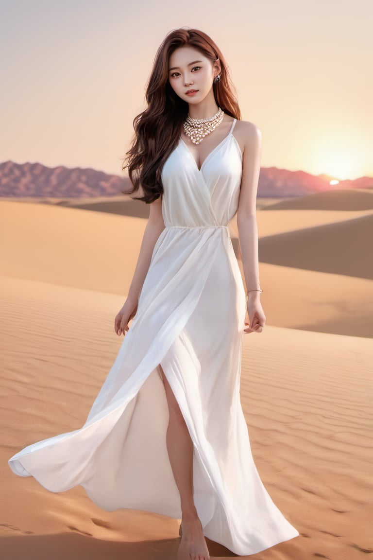 korean girl, 1girl, female_solo, brown hair, brown eyes, realistic, necklace, jewelry, long wave hair, full Body photo, looking back, pearl necklace, white dress, looking at viewer, (background : simple, sunset, desert ) , lips 