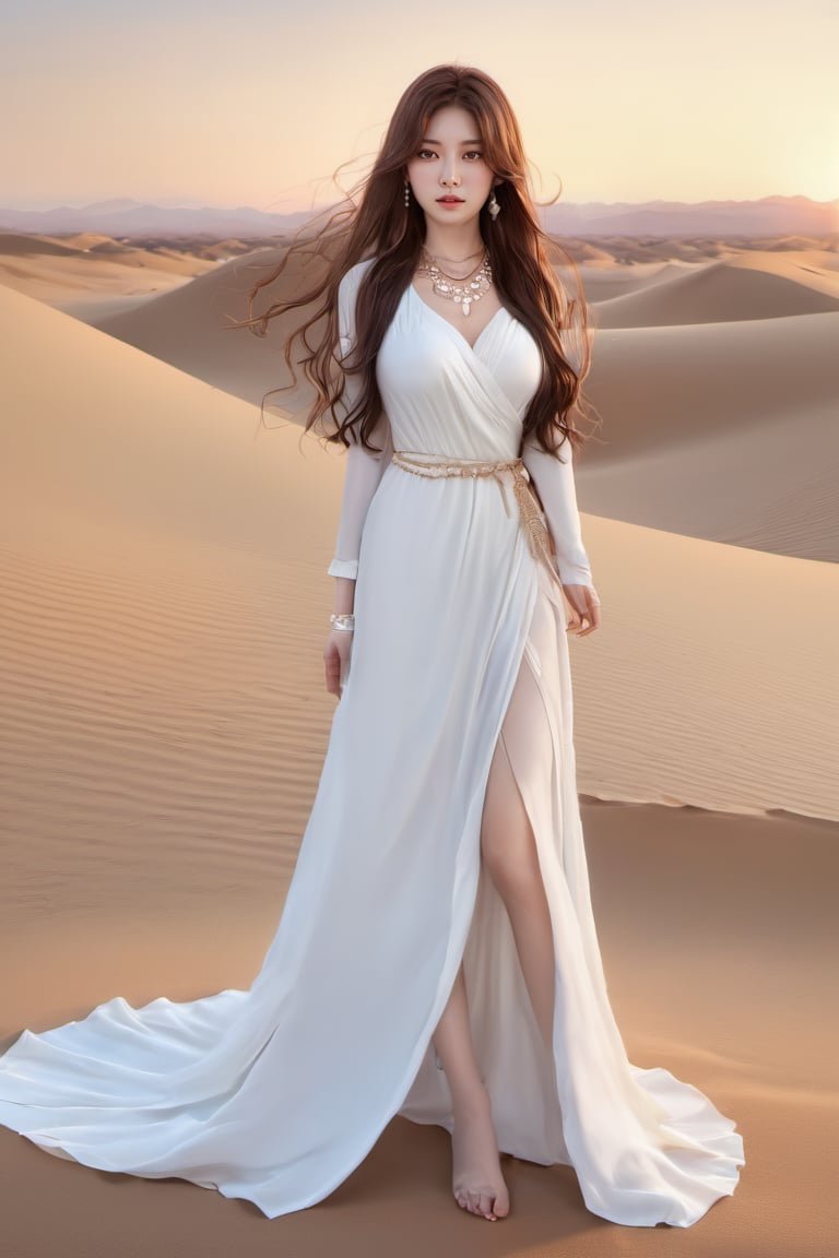 korean girl, 1girl, female_solo, (hair : brown, long wave hair), (eyes : brown), ((realistic)) , (necklace: jewelry, pearl), full Body photo, looking back, white dress, a dress with a slit, looking at viewer, (background : simple, sunset, desert ) , lips 