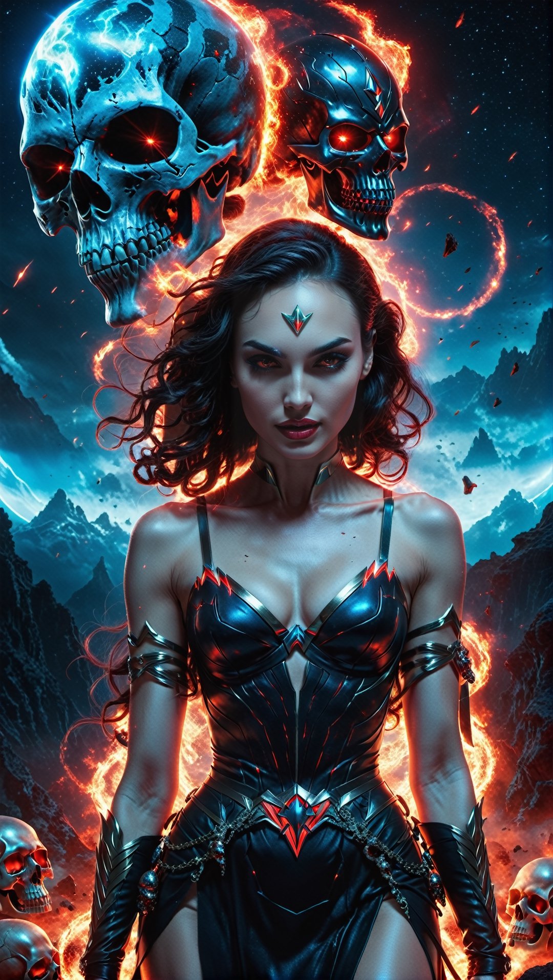 A lost but calm angry Kali mas as gal Gadot witch ,cutting a skull surrounded by glowing cosmic aura skulls monstrous scared aliens. and the planet dresses skies and landscapes in Black blue, Neon red and Neon Silver colors, skulls, skull, skulls, skull, face red glowing eyes, full_body,full-body_portrait,full-length_portrait,fully_clothed 