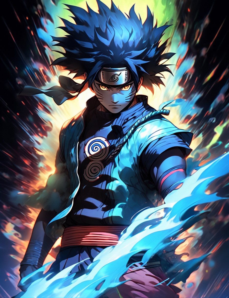 black skin full body sasuke with afro hair posing from Naruto anime, perfect hands, with naruto headband, soft aura, blue blast around, steam aura around, in aura, landscape, vivid colors, soft, cinematic, darken colors, ultra detailed, realism, superb, face detailed ,Niji Slime