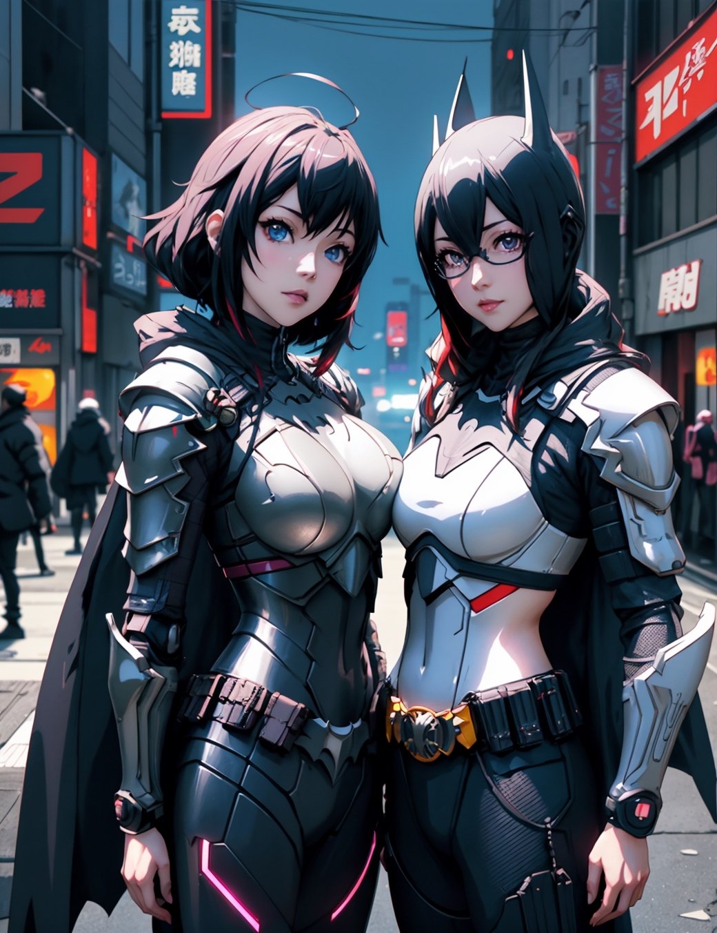 a couple of cosplays standing next to each other, cgsociety 9, 3 d anime realistic, realistic anime 3 d style, cyber japan style armor, oppai cyberpunk, cyber japan armor, modern cyberpunk anime, anime cyberpunk, anime styled 3d, realistic - anime, anime cgi style, anigirl batman, still from anime, anime cosplay