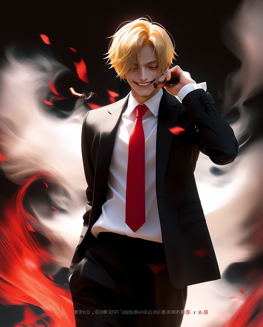 Happy vinsmoke sanji,女孩,旗袍,Dream, 10 year cute boy on a Black suit, white dress shirt, red tie, in the style of yuumei, realistic hyper - detailed rendering, yumihiko amano, zhang jingna, wiccan, trace monotone, rtx on ,細緻的背景,indian boy, various poses , cigar his mouth 