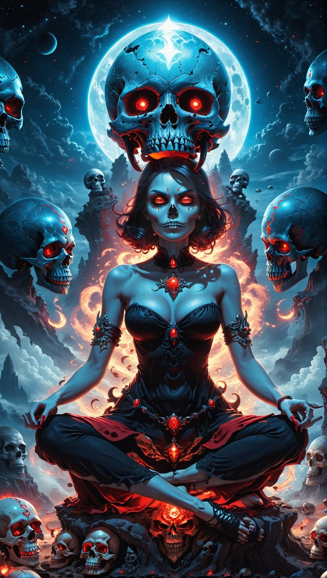 A lost but calm angry Kali ma as tiny witch meditating on giant skulls,cutting a skull surrounded by glowing cosmic aura skulls monstrous scared aliens. and the planet dresses skies and landscapes in Black blue, Neon red and Neon Silver colors, skulls, skull, skulls, skull, face red glowing eyes, full_body,full-body_portrait,full-length_portrait,fully_clothed , flying on giant skull head, fappy face,