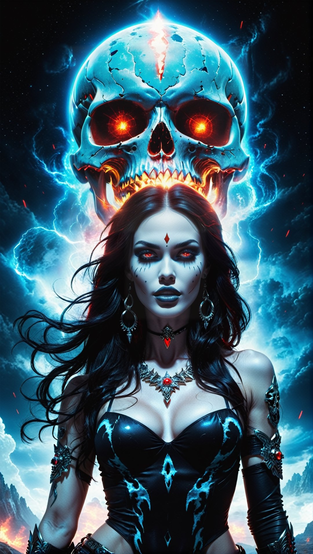 A lost but calm angry Kali mas as Megan fox witch ,cutting a skull surrounded by glowing cosmic aura skulls monstrous scared aliens. and the planet dresses skies and landscapes in Black blue, Neon red and Neon Silver colors, skulls, skull, skulls, skull, face red glowing eyes, full_body,full-body_portrait,full-length_portrait,fully_clothed , meditate on giant skull head