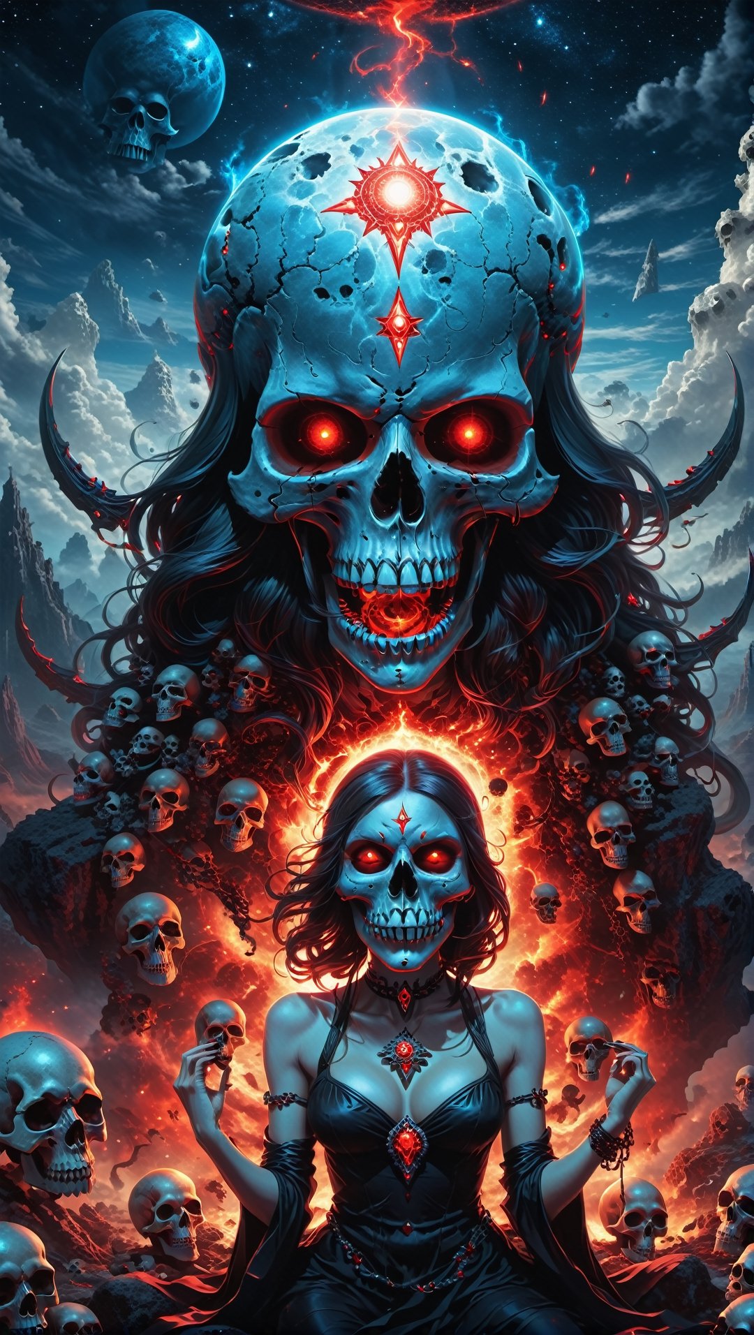 A lost but calm angry Kali ma as tiny witch meditating on giant skulls,cutting a skull surrounded by glowing cosmic aura skulls monstrous scared aliens. and the planet dresses skies and landscapes in Black blue, Neon red and Neon Silver colors, skulls, skull, skulls, skull, face red glowing eyes, full_body,full-body_portrait,full-length_portrait,fully_clothed , flying on giant skull head, fappy face,